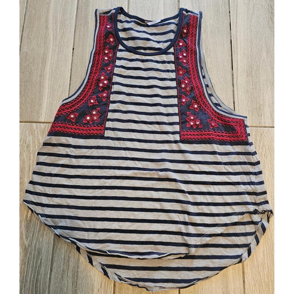 Free People Embroidered Tank Top Striped Sleeveless Bohemian Casual